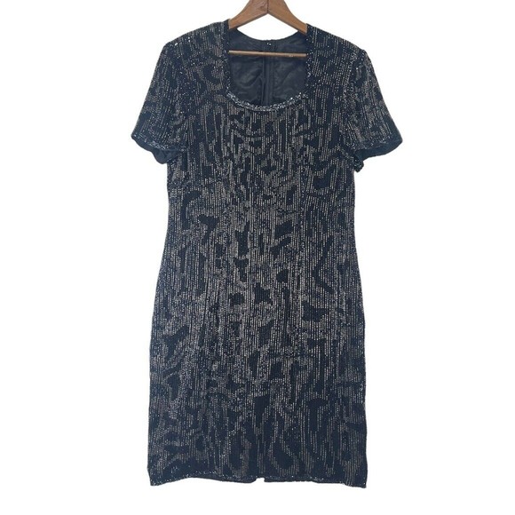 Vintage Dress Gown Midi Black Beaded Silk Evening Party Size M 90's 80's - Picture 2 of 16